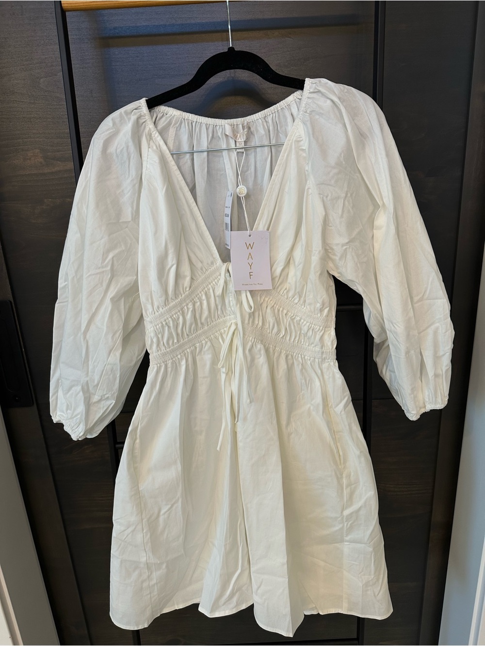 Wayf Ivory Smocked-Waist V-Neck Mini Dress